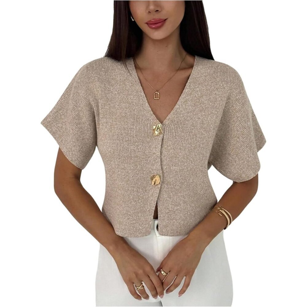 Women's Knit Cardigan Short Sleeve V Neck Button Front Office Casual